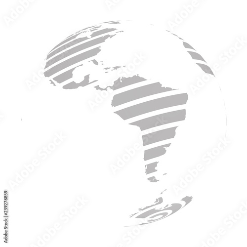 Earth globe with grey striped World land map focused on South America. 3D vector illustration.
