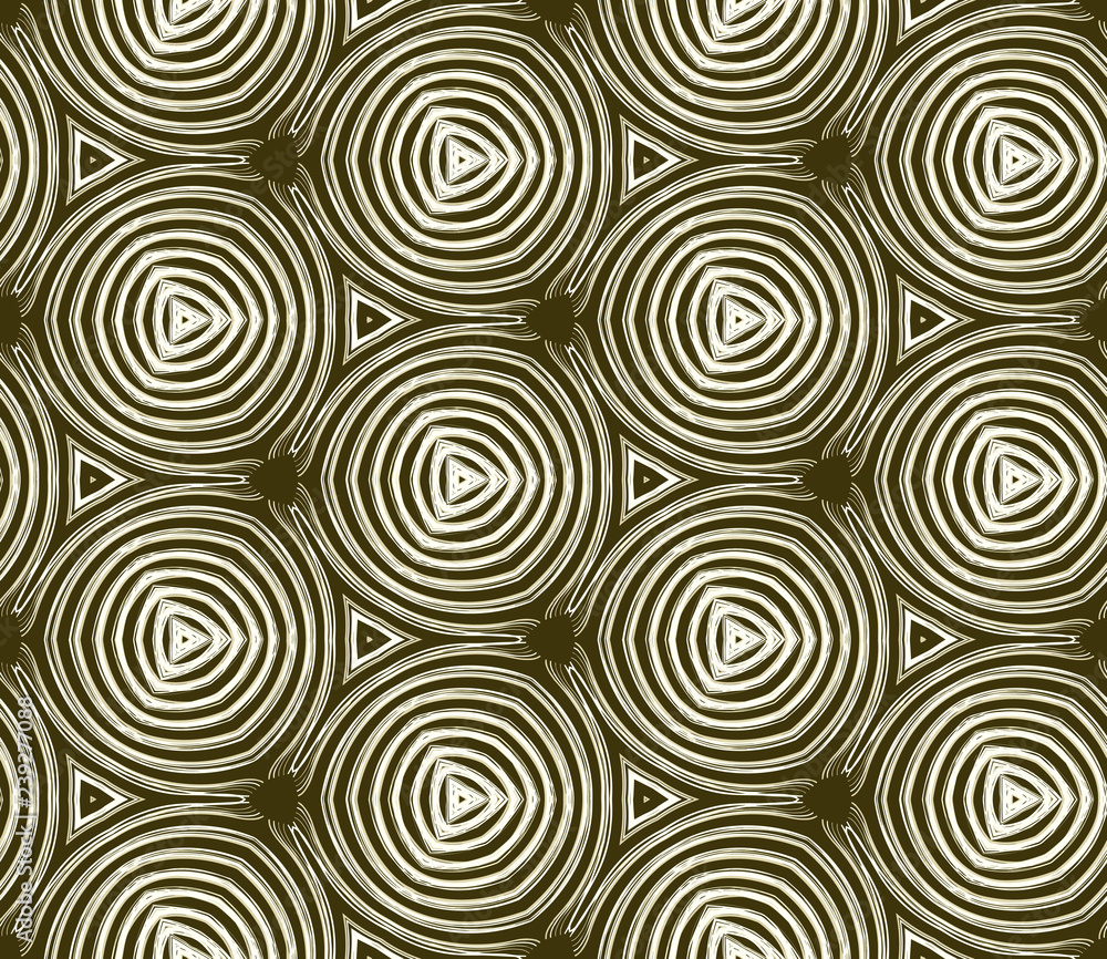 Seamless hexagonal pattern from geometrical abstract rounded ornaments on a dark olive background. Vector illustration can be used for textiles, wallpaper and wrapping paper