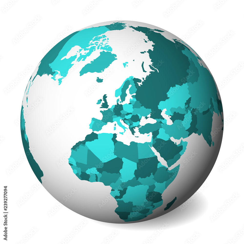 Blank political map of Europe. 3D Earth globe with turquoise blue map. Vector illustration. Blank political map of Europe. 3D Earth globe with turquoise blue map. Vector illustration.
