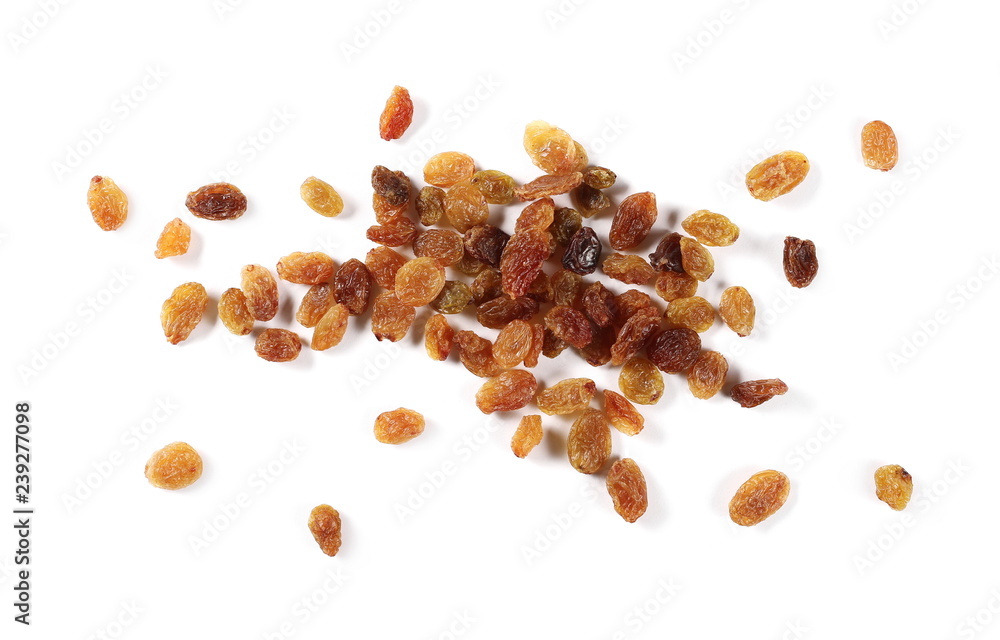 Raisins isolated on white background, top view Raisins isolated on white background, top view