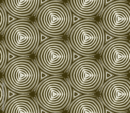 Seamless hexagonal pattern from geometrical abstract rounded ornaments on a dark olive background. Vector illustration can be used for textiles, wallpaper and wrapping paper