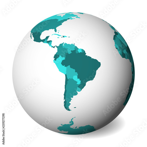 Blank political map of South America. 3D Earth globe with turquoise blue map. Vector illustration.