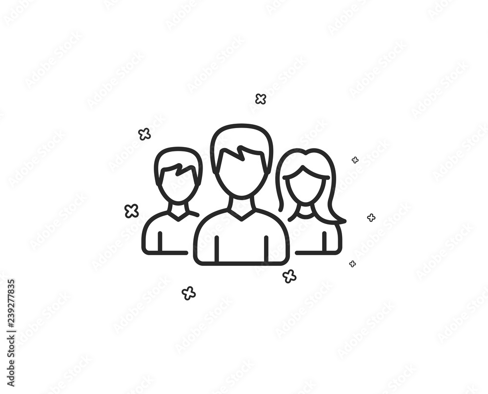 Group line icon. Users or Teamwork sign. Male and Female Person silhouette symbol. Geometric shapes. Random cross elements. Linear Teamwork icon design. Vector Group line icon. Users or Teamwork sign. Male and Female Person silhouette symbol. Geometric shapes. Random cross elements. Linear Teamwork icon design. Vector