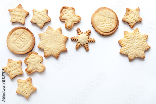 White christmas background with cookies, top view