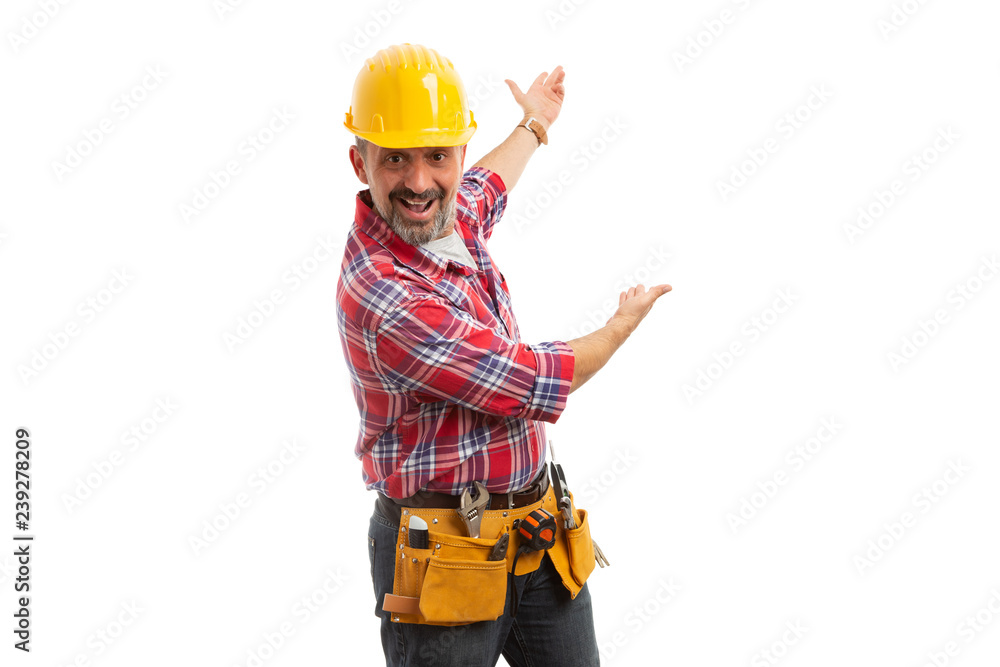 Constructor presenting copy text area behind. Constructor presenting copy text area behind.