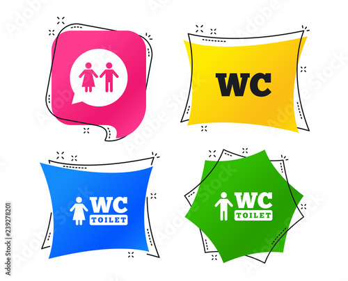 WC Toilet icons. Gents and ladies room signs. Man and woman speech bubble symbol. Geometric colorful tags. Banners with flat icons. Trendy design. Vector