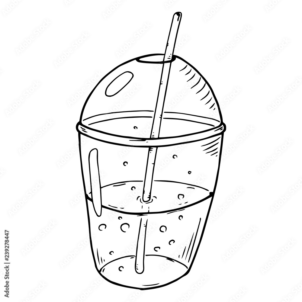 Mineral water in a plastic cup with a straw. Vector illustration of a drink in a plastic cup. Hand drawn plastic cup with a straw. Mineral water in a plastic cup with a straw. Vector illustration of a drink in a plastic cup. Hand drawn plastic cup with a straw.