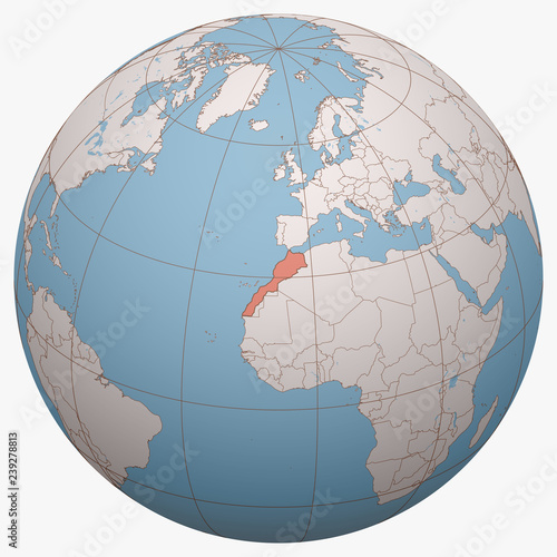 Morocco on the globe. Earth hemisphere centered at the location of the Kingdom of Morocco. Morocco map.