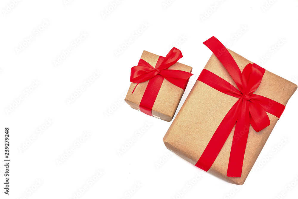 top view objects Brown Gift box bow tie Red ribbon isolated on white background merry christmas and happy new year concept top view objects Brown Gift box bow tie Red ribbon isolated on white background merry christmas and happy new year concept
