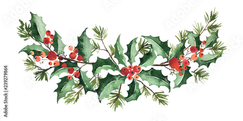 Christmas watercolor floral arrangement of holly with berries and spruce
