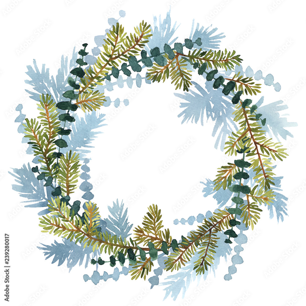 Christmas watercolor wreath of spruce with twigs of eucaliptus