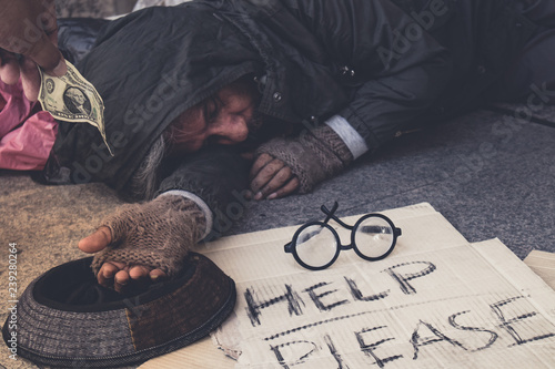 Принти на полотні Male Beggar, Homeless hungry man show him hand want money of food at walkway street in the city, Kindness people give him