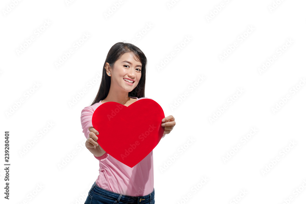 Beautiful asian woman showing red heart shaped Beautiful asian woman showing red heart shaped