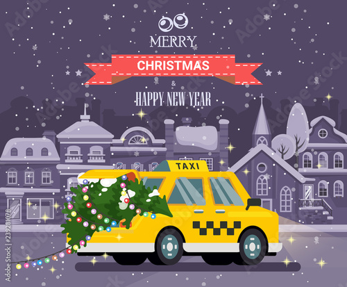 Snowy Christmas. City street with taxi car carrying Xmas tree with lights.