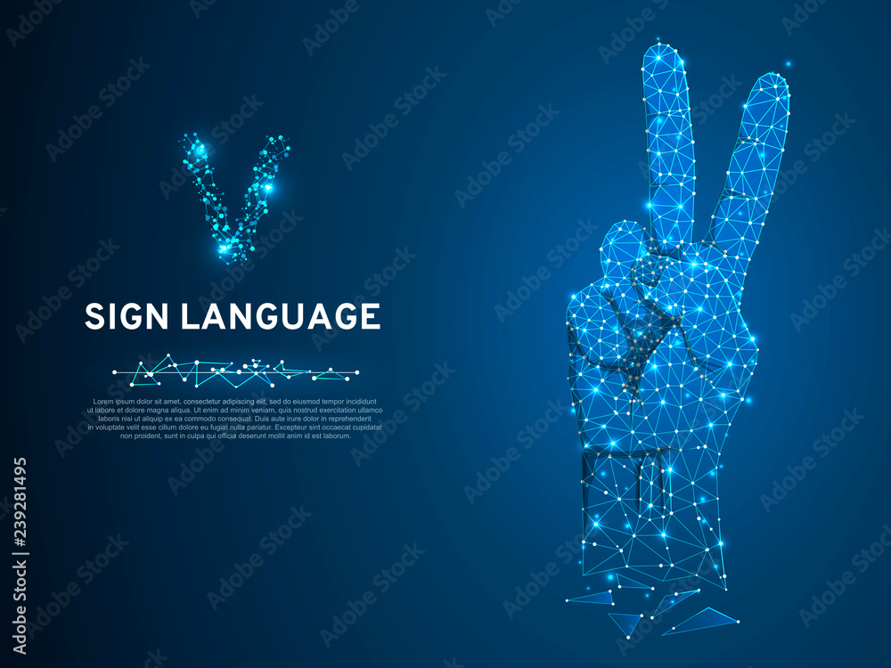 Sign language V letter, two fingers pointing up, hand in peace or victory symbol, Polygonal low poly. Deaf People silent communication alphabet. Connection wireframe. Vector on dark blue background