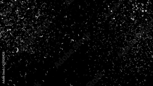 White paper shoot, celebration on black, shooting confetti paper, twisted ribbon, and element particle for holiday party and celebration decoration concept in black