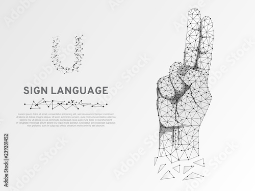 Origami Sign language U letter, hand with two fingers pointing up. Polygonal low poly style. Deaf People silent communication alphabet. Connection wireframe. Isolated Vector on white background