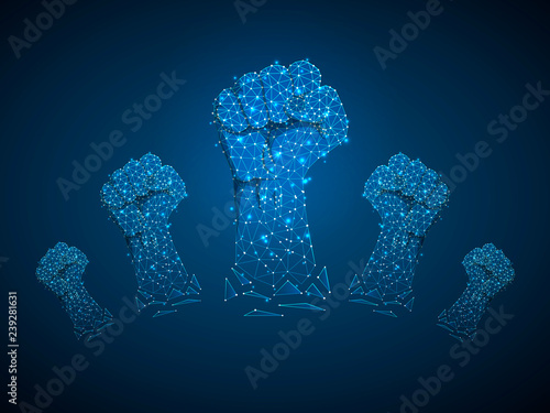 Revolution Sign gesture. Group of Clenched fist raised in air. Victory, solidarity, punch, strike, change protest. Deaf People silent communication alphabet. Vector on dark blue background