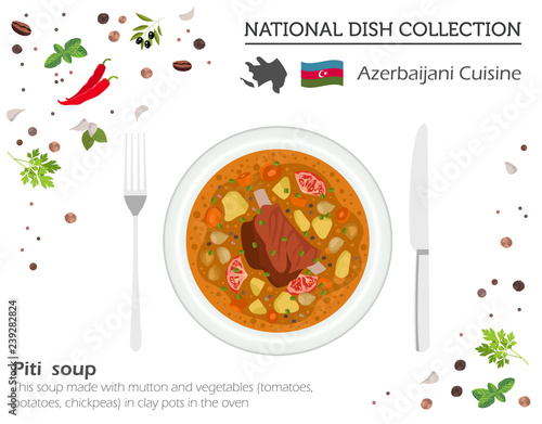 Azerbaijani Cuisine. Caucasian national dish collection. Piti soup isolated on white, infograpic