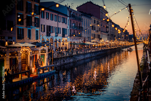 Christmas lights and floating nativity scene at Navigli Milano Italy - winter xmas time