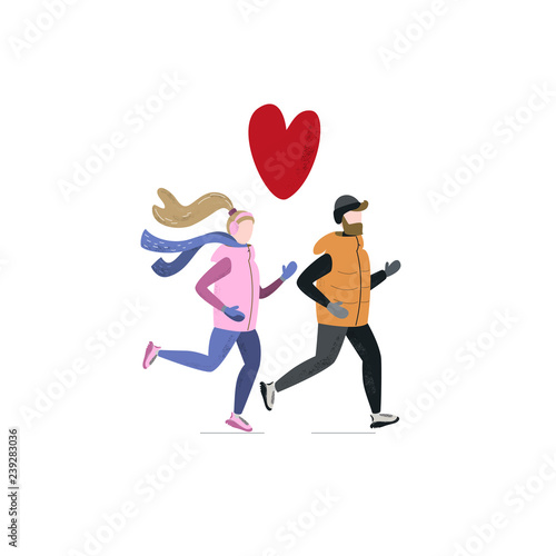Young woman and man running together in winter cold season. Handdrawn vector illustration