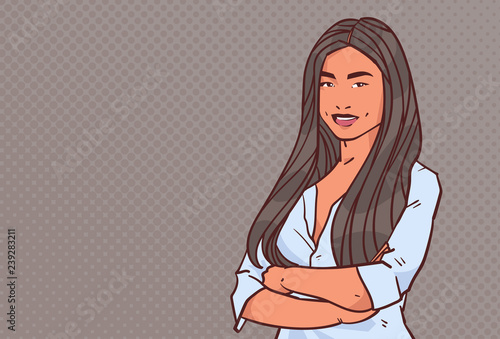 young businesswoman folded hands pose business woman smile female cartoon character portrait pop art style horizontal vector illustration