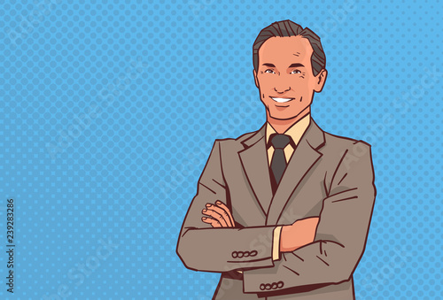 happy businessman folded hands pose business man smile male cartoon character portrait pop art style vector illustration