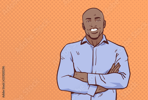 african american businessman folded hands pose business man smile male cartoon character portrait pop art style horizontal vector illustration