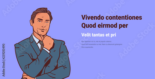 businessman hold hand finger on chin business man pondering male cartoon character portrait pop art style horizontal copy space vector illustration