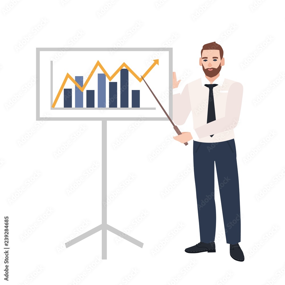 Male office worker making presentation and demonstrating chart on board. Business speaker giving lecture. Work meeting, training, learning. Colorful vector illustration in flat cartoon style. Male office worker making presentation and demonstrating chart on board. Business speaker giving lecture. Work meeting, training, learning. Colorful vector illustration in flat cartoon style.