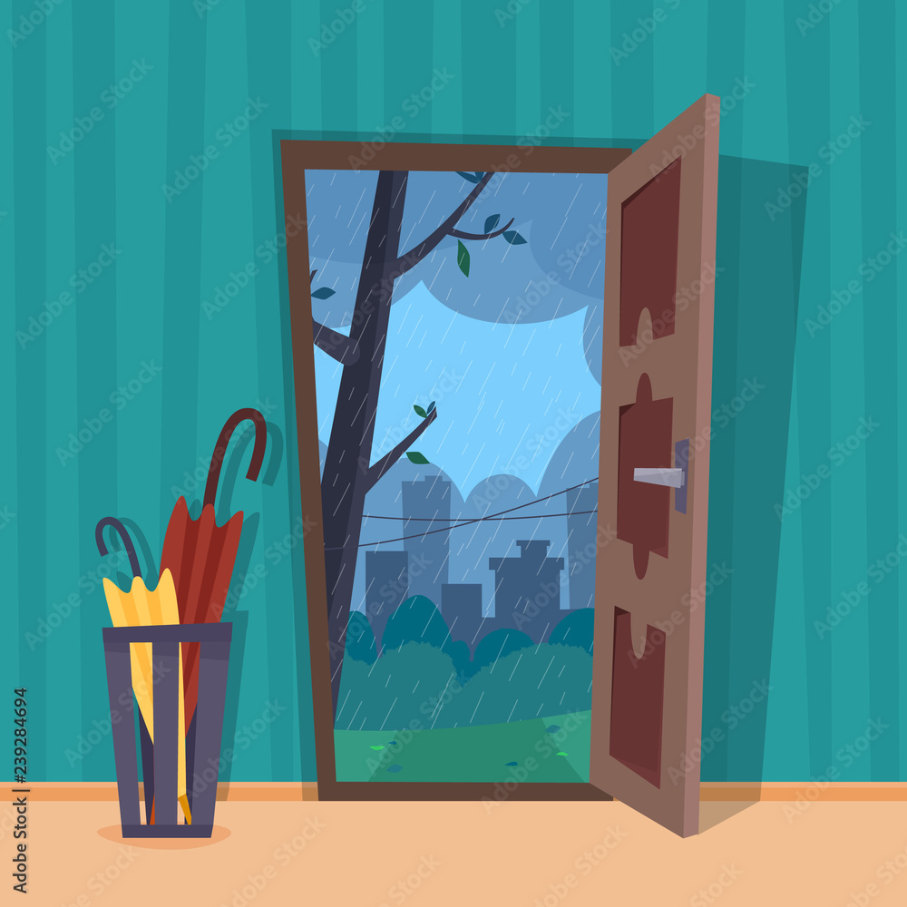 Open door into rain city view. Umbrella in room. Flat cartoon style vector illustration.