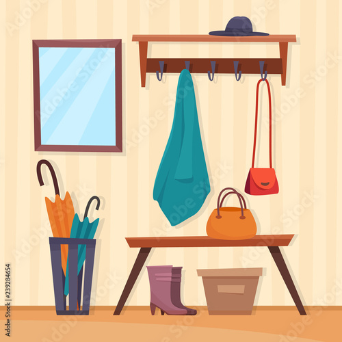 Hallway interior with furniture. Flat cartoon style vector illustration.