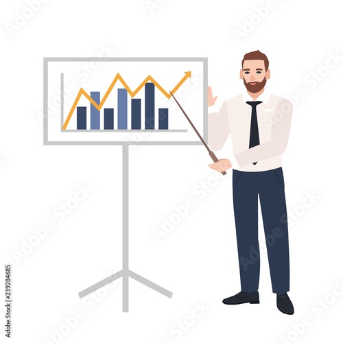 Male office worker making presentation and demonstrating chart on board. Business speaker giving lecture. Work meeting, training, learning. Colorful vector illustration in flat cartoon style.