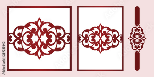 Laser cut wedding invitation card template vector. Wedding invitation or greeting card with Belly Band. Open card. Suitable for greeting cards, invitations, menus.