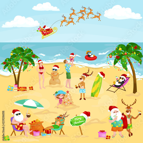 Cartoon image of people in festive mood on beach