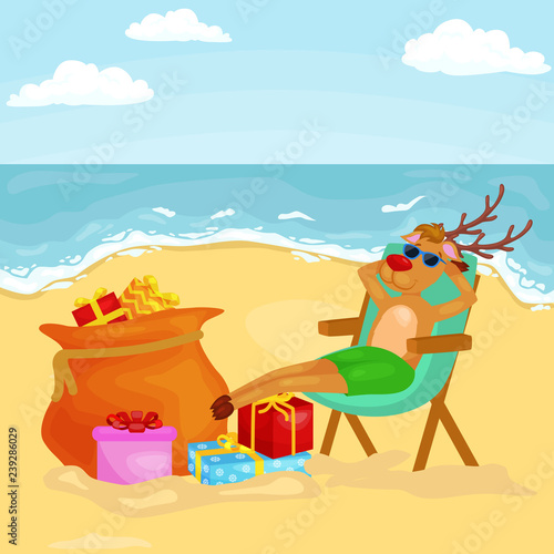 Cartoon reindeer relaxing on chair near bag full of gifts