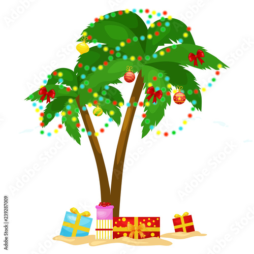 Cartoon green palm tree surrounded with christmas presents