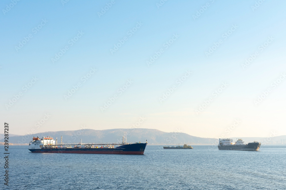 Cargo ship on the background of mountains.