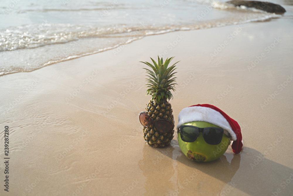 Coconut Holiday  with glasses and Santa Claus hat and pineapple,Concept Christmas on the beach Tropical design made in Phuket, Thailand.