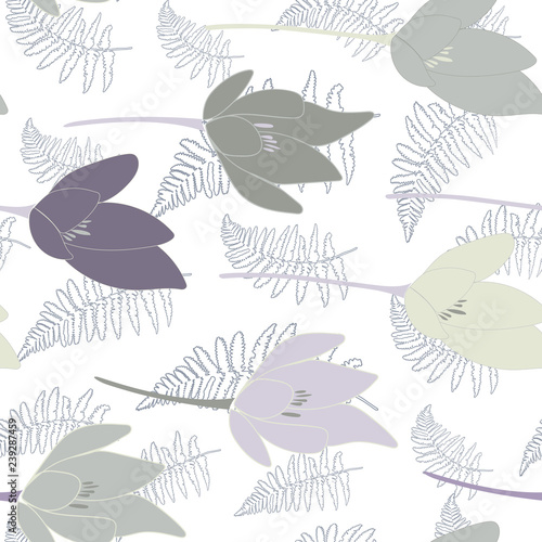 Tulips or crocuses vector seamless pattern. Floral modern background with sty...