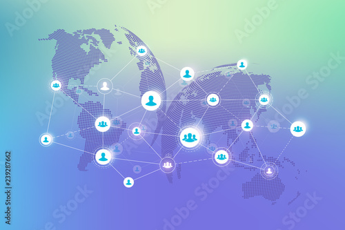 Abstract people connection technology concept with dotted world globe. Global business concept and internet technology background. Modern company processes. Analytical networks. Vector illustration.