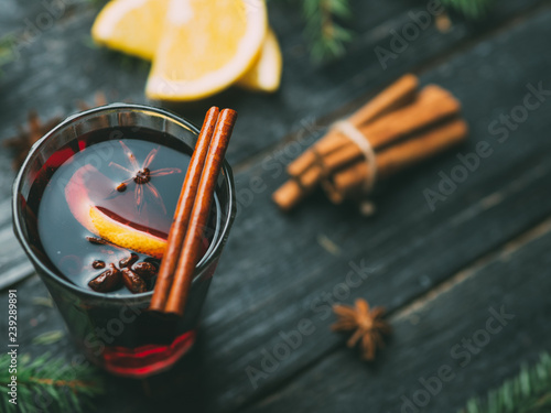 Christmas mulled wine on a wooden table 