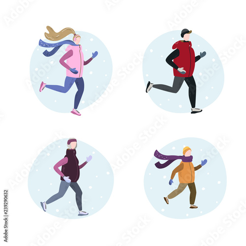 Set of people running in winter cold season. Handdrawn vector illustration