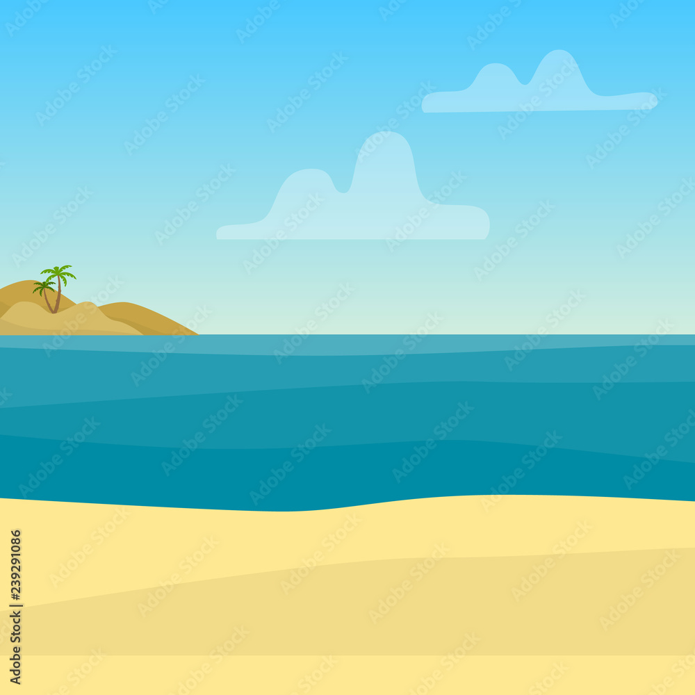 Tropical background with sea, ocean and sand. Flat style vector illustration.