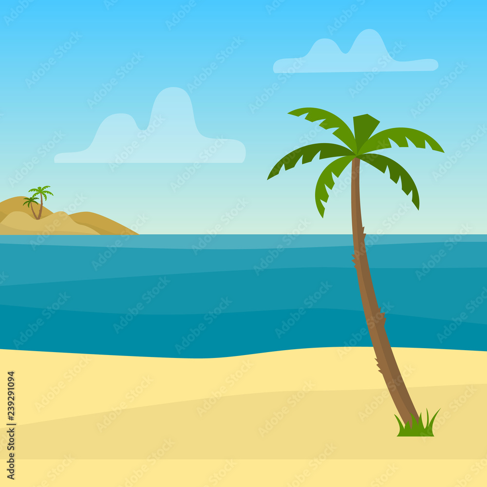 Tropical background with sea, ocean, palm and sand. Flat style vector illustration.