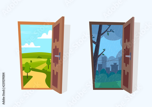 Open door into sunny and rain landscapes. Flat cartoon style vector illustration.