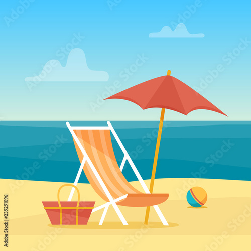 Chaise-longue on the beach under a umbrella. Lounge with sea on tropical background. Flat style vector illustration.