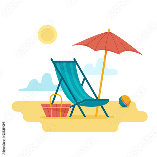 Chaise-longue on the beach under a umbrella. Lounge with sea on tropical background. Flat style vector illustration.