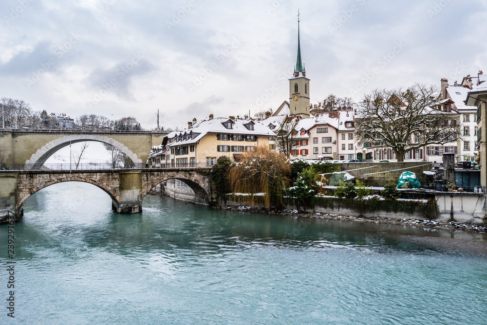 Snow in the winter, view of Bern old town over the Aare river, Switzerland Stock Photo | Adobe Stock