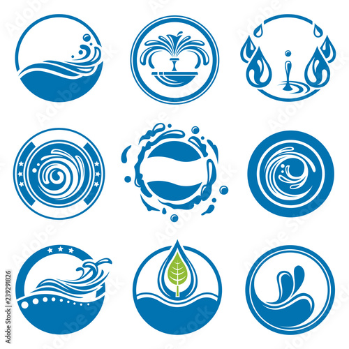 collection of blue round water icons isolated on white background